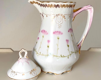 Green Eagle CT Altwasser 1870-1930s Lidded Pitcher/Water Jug. Pink Carnation Botanical Artisan. Antique White Porcelain with Gold Accent