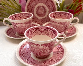 Red Pink Masons Vista Ironstone Made in England. Antique Off White Fajance Tea Cup and Saucer Set. Price is for 1 Cup and 1 Saucer!