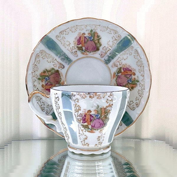 Pearl Lustre Vintage Porcelain Demitasse Cup and Saucer Set with Gold Accent. Romantic French Fragonard Rococo Motive. No Marking nor Name