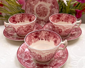Price is for 1 Cup and 1 Saucer. Tea Cup and Saucer Set Enoch Woods English Scenery Wood & Sons. Antique Woods Ware Red Pink and Off White