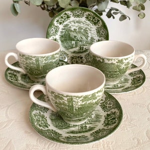 Green English Ironstone Staffordshire Rare Tea Cup and Saucer Set. Old Inns Series Off White Fajance. Price is for 1 Cup and 1 Saucer!