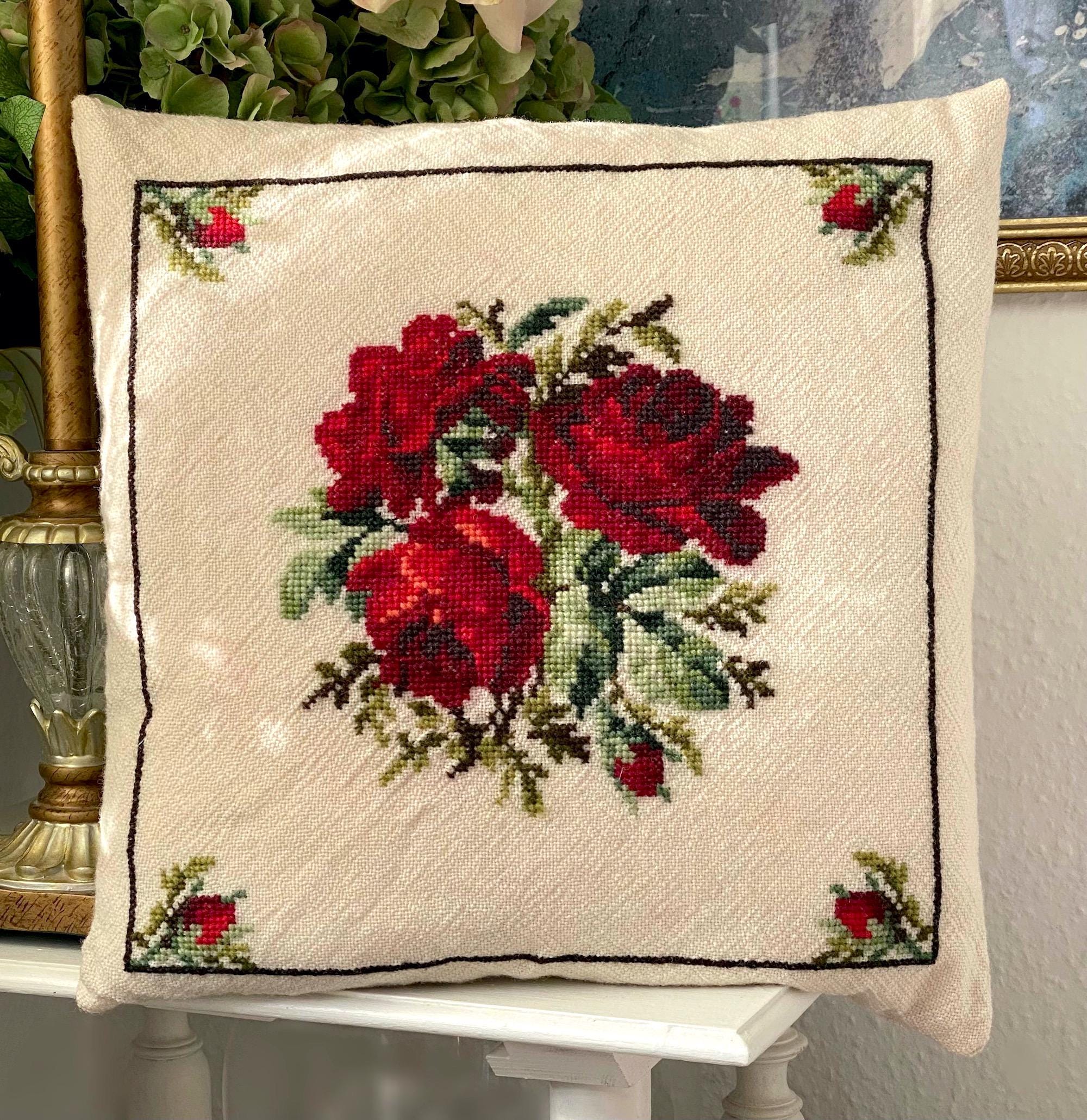 Handmade Romantic Red Rose Bouquet Needlepoint Cross Stitch Embroidery. Vintage Square Off White Wool Pillow. Motive Only on One Side