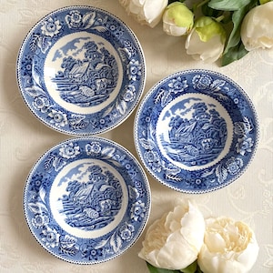 El precio es por 1 cuenco. Cuenco para cereales o sopa antiguo de Woodland Wood & Sons Burslem England. Fajance azul y blanco. Fabricado en Inglaterra.