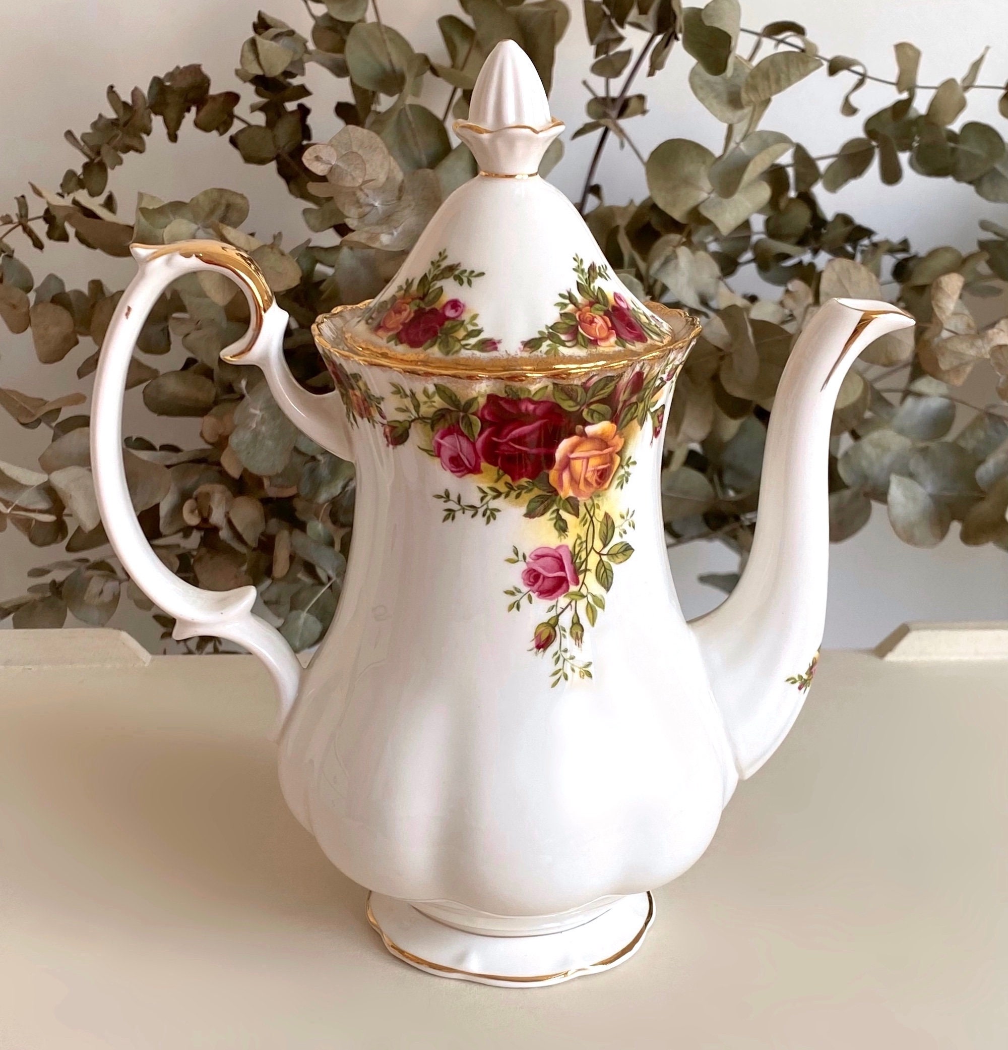 Vintage Royal Albert Old Country Roses Coffee Pot: Bone China with Gold Accent