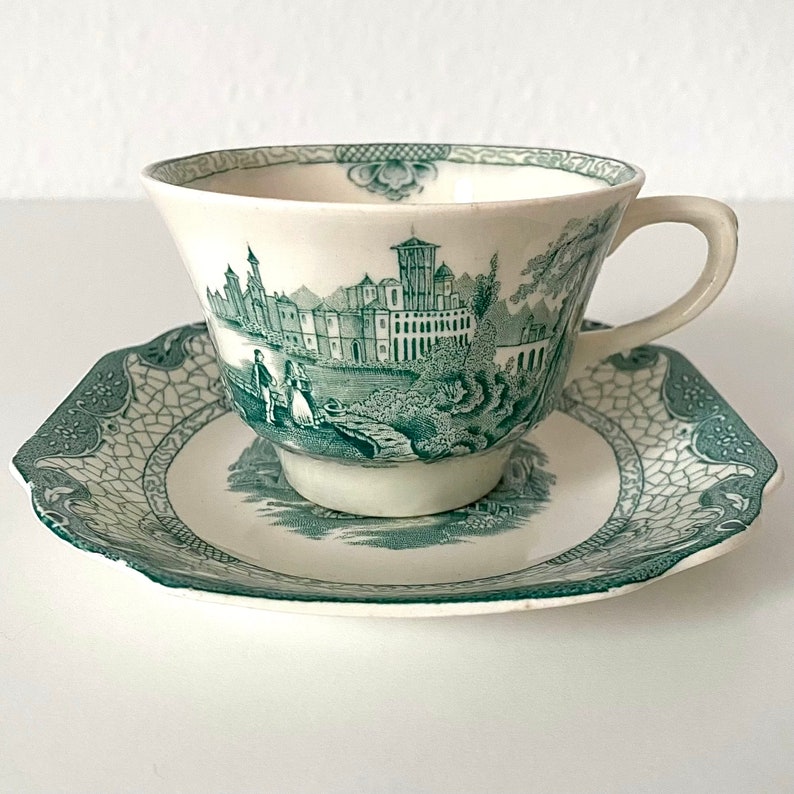 Sea Green/teal Blue Pastel Antique Tea Cup and Saucer Set. Landscape