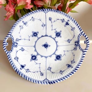 Rare Classic Blue Fluted Round Serving Plate Tray with Striped Trim and Handles. Fine Collectible Bing & Grøndahl Denmark. Mild Staining!