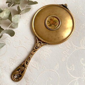 Art Nouveau Gold Tone Hand Mirror: Needlepoint Embroidered Antique
