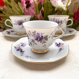 Price is for 1 Cup and 1 Saucer. Purple Violet Flower Demitasse Cup and Saucer Set. Winterling Marktleuthen Bavaria Porcelain with Gold Trim