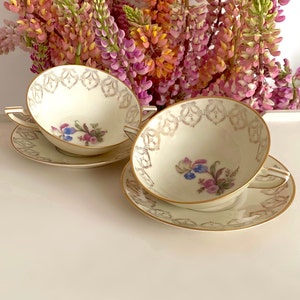 Royal Copenhagen Consommé Cup and Saucer Set: Iris Flower, Golden Wreaths