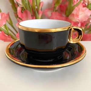 Large Pillivuyt France Black and White Cup and Saucer Set with Gold Trim. Exceptionally Rare Vintage Porcelain. Made in France
