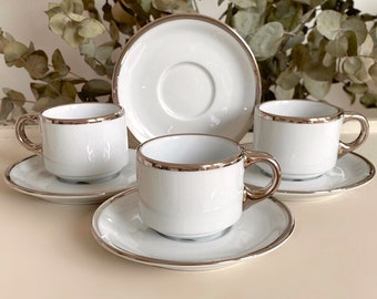 Petite Demitasse Coffee/Tea Mug with Handle Pillivuyt France Cup and Saucer Set. White Porcelain with Silver Trim. Price is for 1 Cup Set!