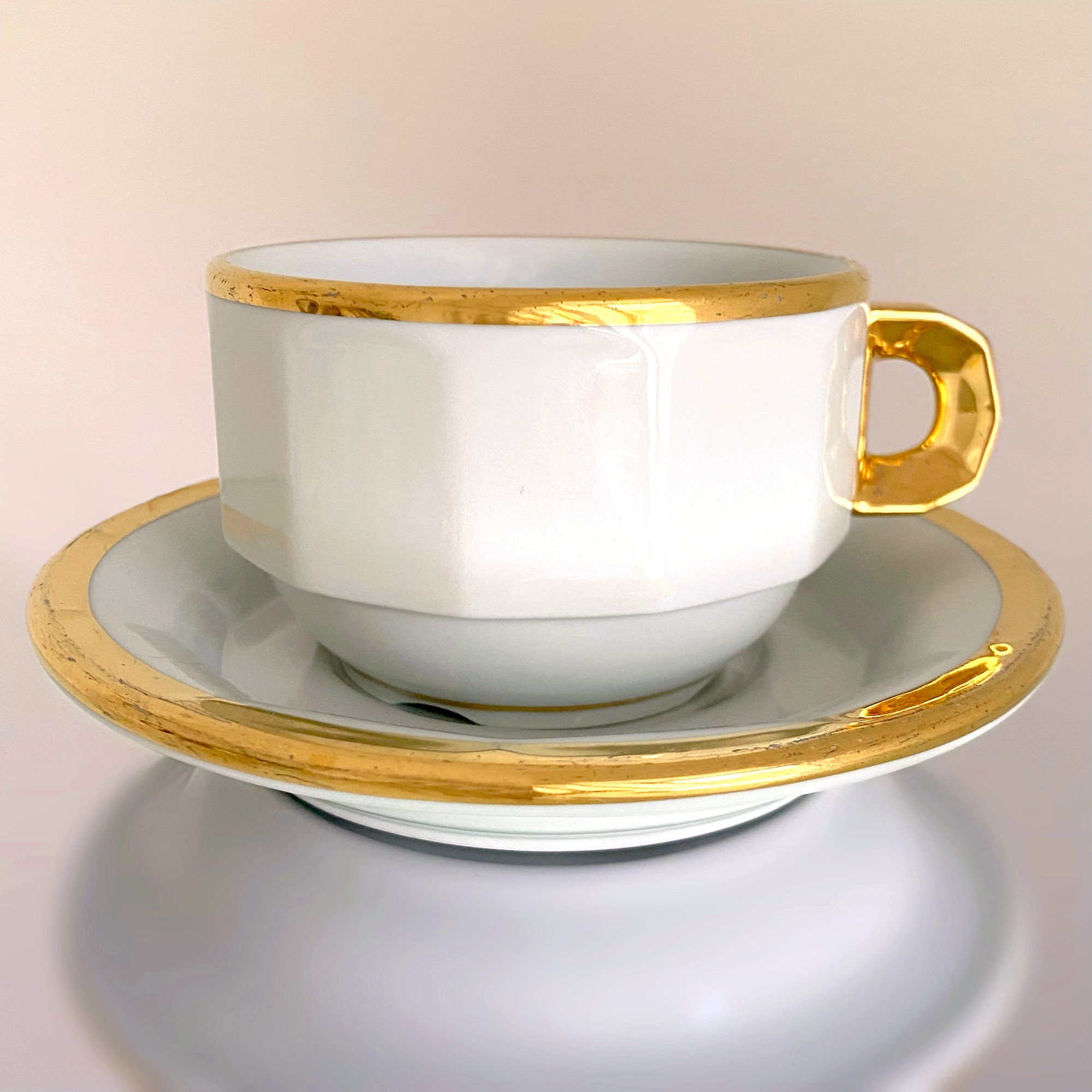 Pillivuyt France La Porcellana Bianca Tea Cup and Saucer Set. White Porcelain with Gold Trim Vintage French Bistro. Read Description!