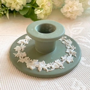 Wedgwood Jasperware Dark Sage Green Bisque Porcelain Petite Candleholder. Vintage Made in England. Has Aging and Use. Please See Photos!