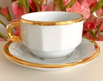 White Porcelain French Bistro Tea Cup and Saucer Set. Very Rare Pillivuyt France with Gold Trim. Has Small Flaw on Handle. Please See Photos