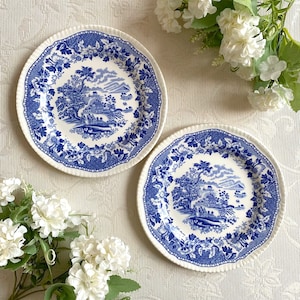 Antique Seaforth Wood&#39;s Burslem Plate: Blue & Off White Fajance