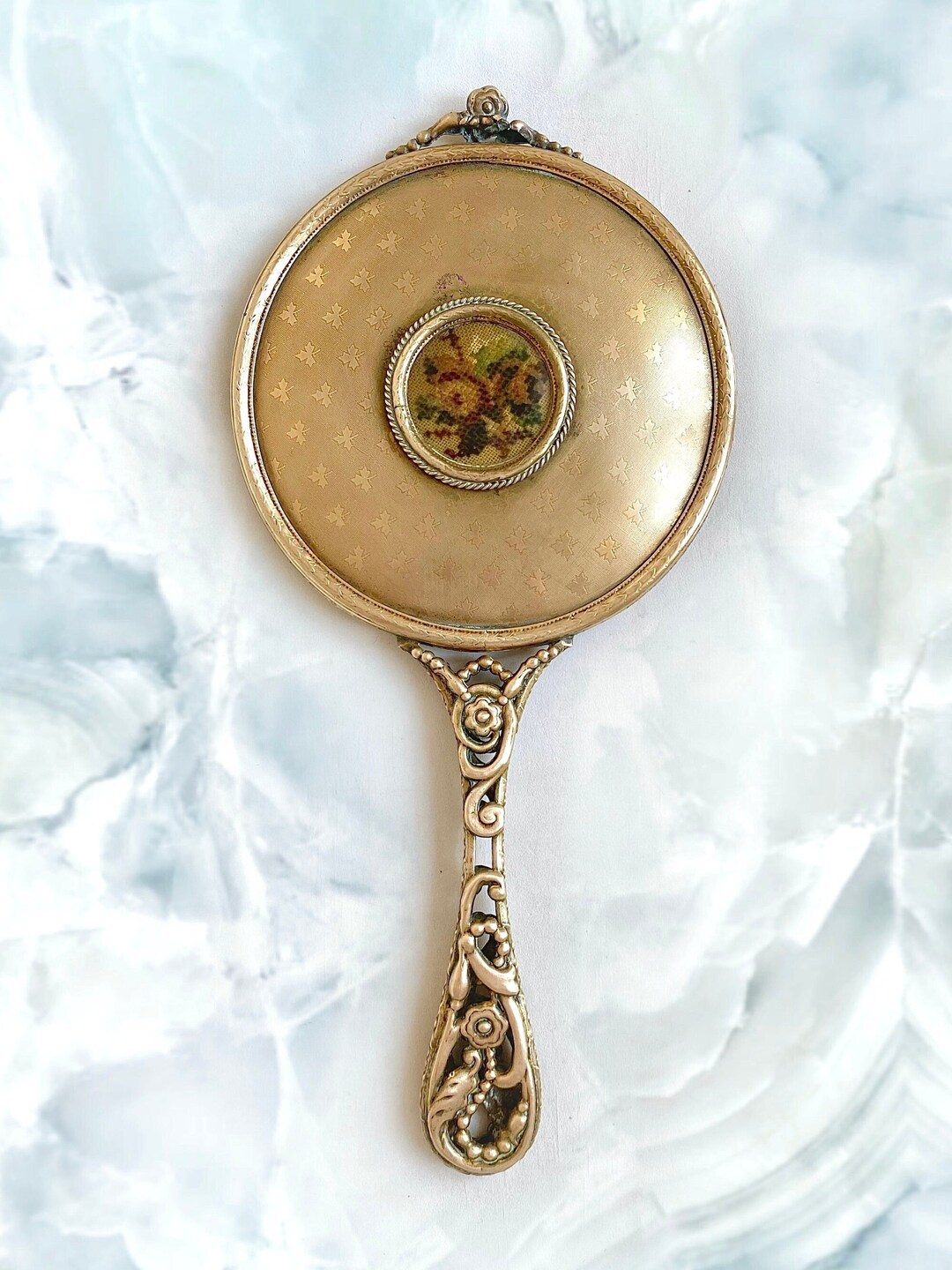 Art Nouveau Gold Tone Brass Hand Mirror. Needlepoint Embroidered Motive ...