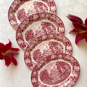 El precio es por 1 plato ovalado. Plato ovalado para servir Fajance en blanco roto y rojo de Woods Ware. Paisaje inglés de Enoch Woods Wood & Sons