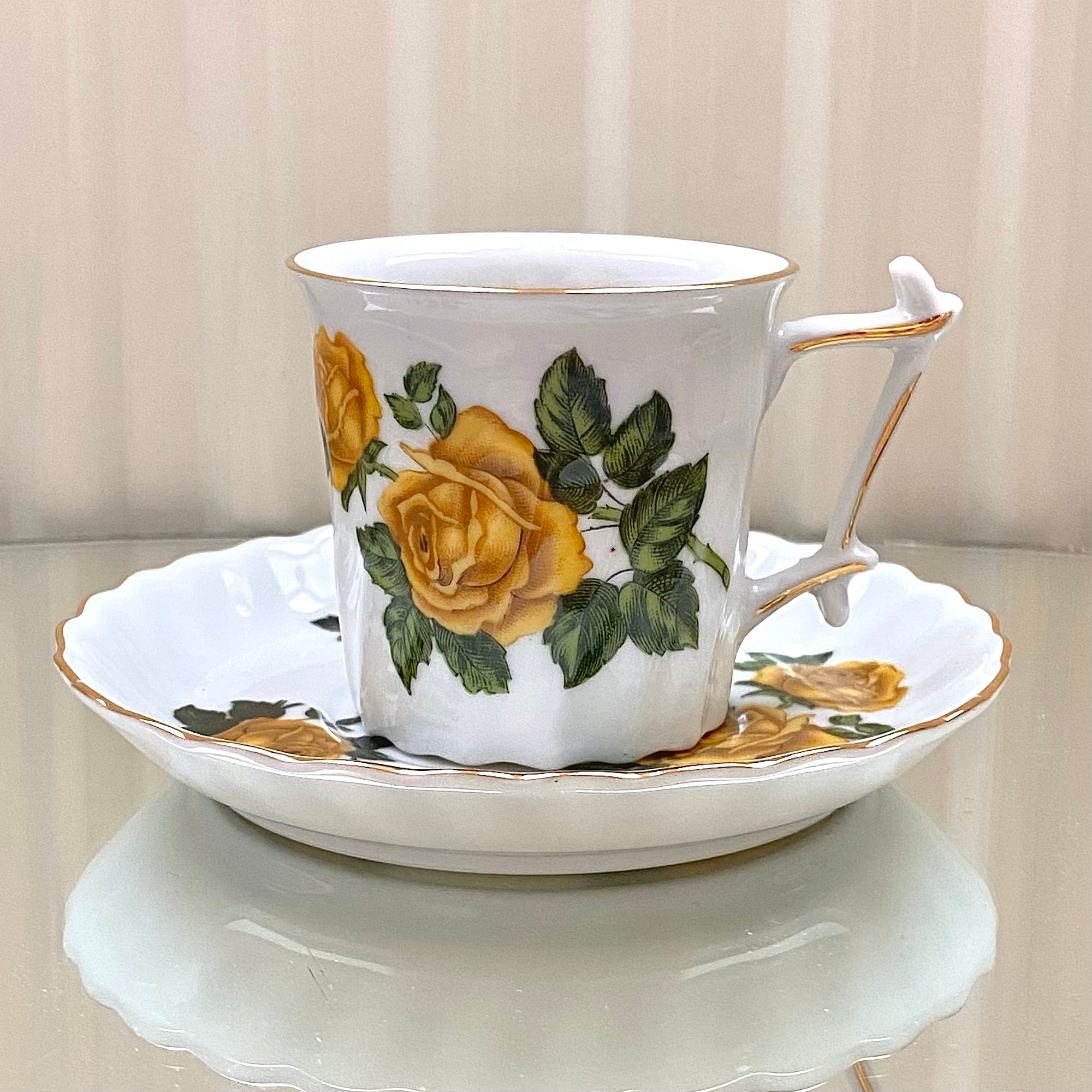HOHENZOLLERN CHINA GERMANY H & CO 9 DOUBLE HANDLED CUPS & 8 SAUCERS GOLD  ROSES