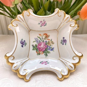 Antique Graf von Henneberg Porcelain Dish: Pink Peony Floral, Gold Details