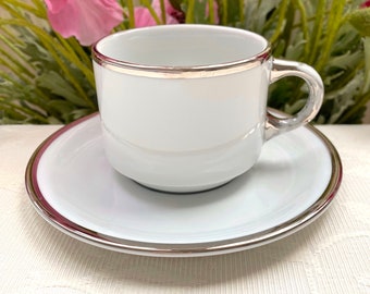 Pillivuyt France Cup and Saucer Set White Porcelain with Silver Trim. Demitasse Coffee/Tea Mug with Handle. Has Fading Please See Photos!