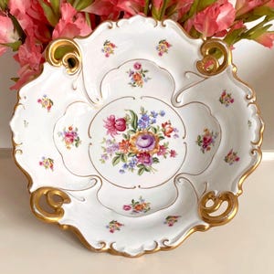 Jlmenau Germany Art Nouveau Floral Bowl Tray: Scalloped Gold Trim