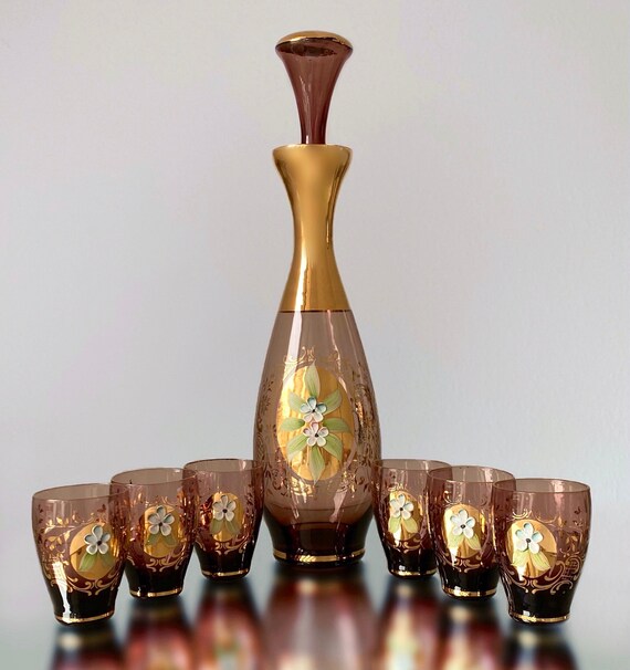 A Set of 6 Handblown Liqueur Glasses with Enamel Decoration A Set of 6 Handblown Liqueur Glasses with Enamel Decoration