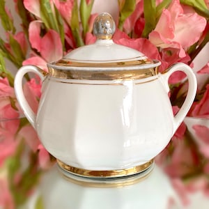 Vintage Gold Trim Porcelain Sugar Bowl - Lidded Bistro Design