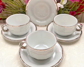 Price is for 1 Cup and 1 Saucer. Rare Extra Large White Porcelain with Silver Trim Pillivuyt France Cup and Saucer Set Vintage French Bistro