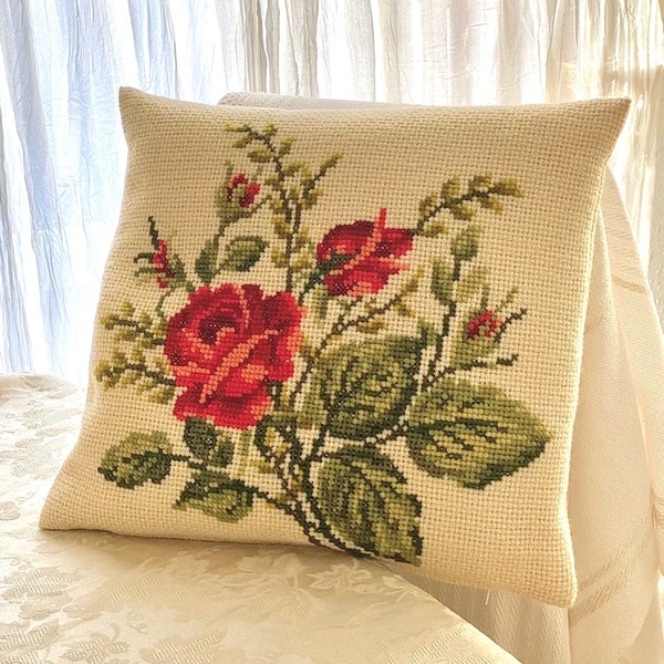 Handmade Embroidered Red Rose Motive on Off White Colored Antique Wool Pillow with Zipper