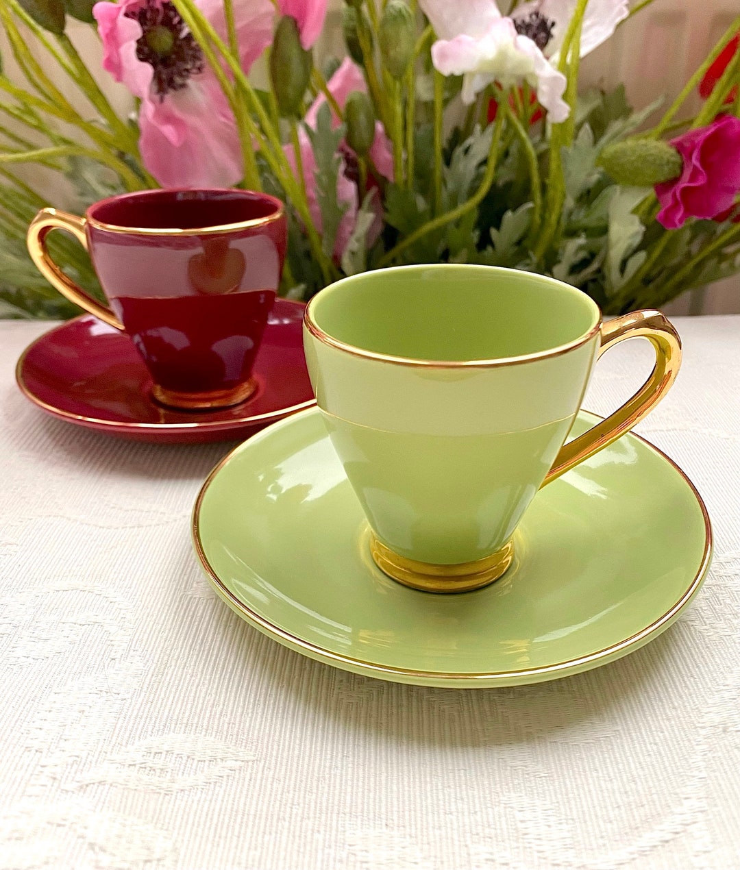 Pastel Chartreuse Green Burgundy Red Empire England Demitasse Etsy