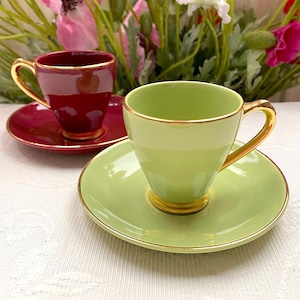Price is for 1 Cup and 1 Saucer. Pastel Chartreuse Green Burgundy Red Empire England Demitasse Cup and Saucer Set. English Porcelain