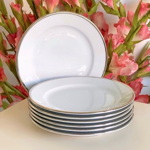 Preis gilt für 1 Teller. Französischer Bistro 18 cm Durchmesser Pillivuyt Frankreich Großer Kuchen/Beilagenteller. Weißes Vintage-Porzellan mit Silberdekor