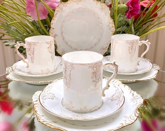 Price is for 1 Cup, 1 Saucer and 1 Plate. Beautiful Art Nouveau Antique White Porcelain Sanssouci Germany Demitasse Trio Set with Gold Trim