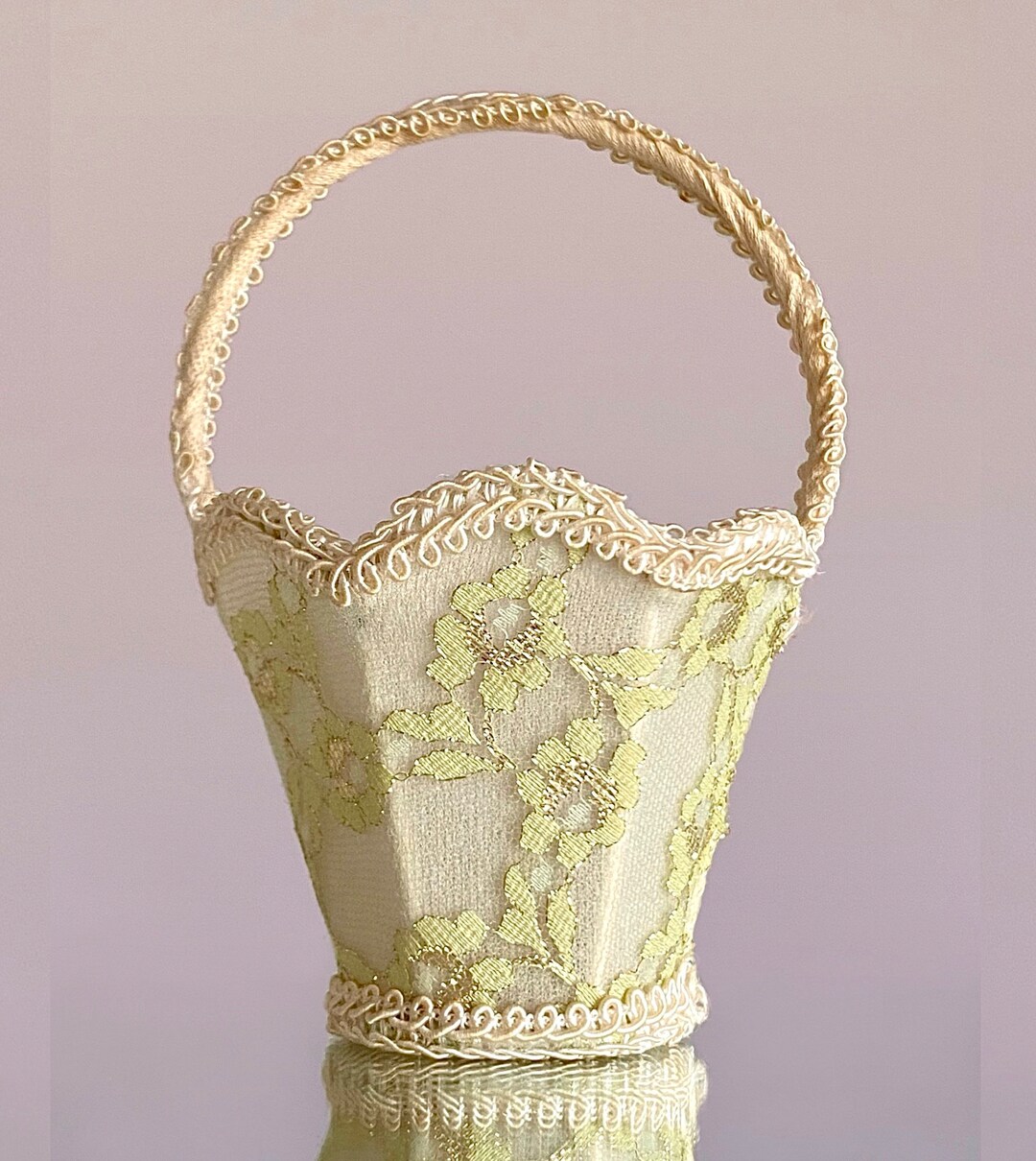 Petite Vanity Basket With Handle. Delicate Fabric Boudoir. Beautiful