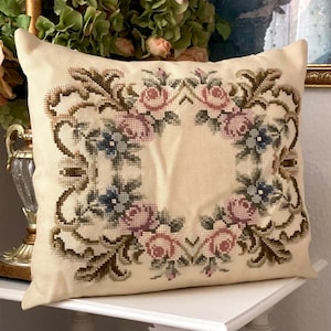 Nouveau Rococo Pastel Pink Roses and Pastel Blue Forget Me Not Flowers. Handmade Cross Stitch. Off White Wool Pillow. Tiny Holes, Staining