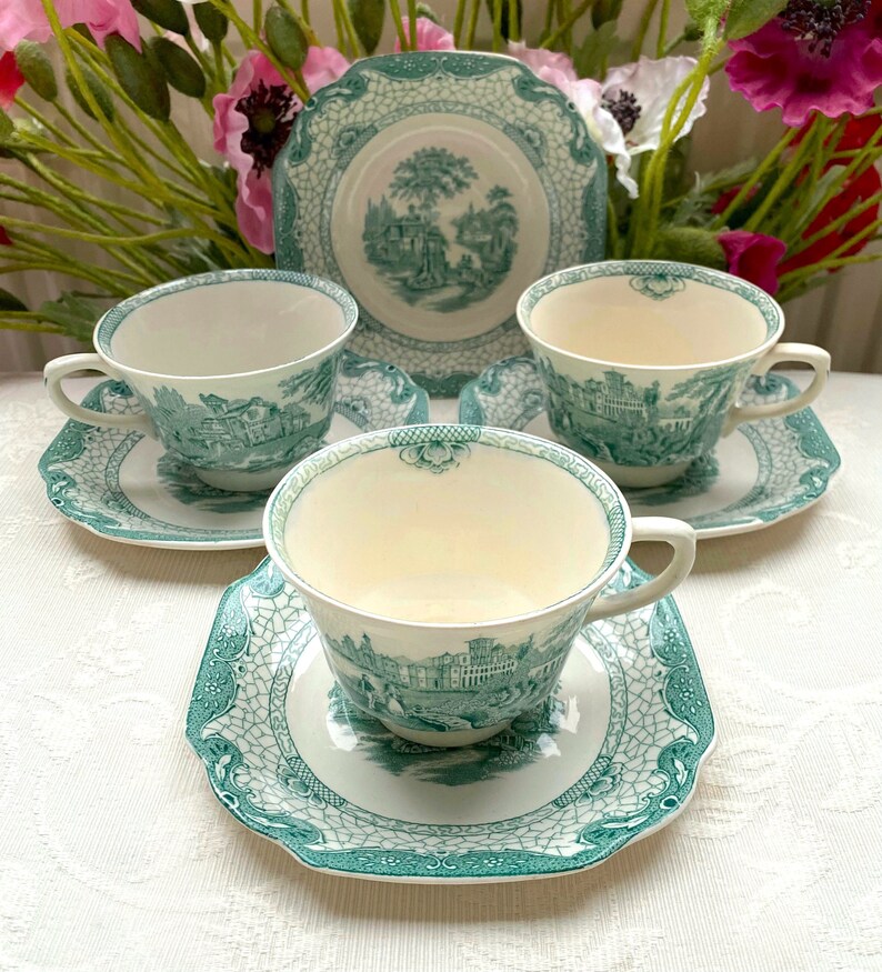 Sea Green/teal Blue Pastel Antique Tea Cup and Saucer Set. Landscape