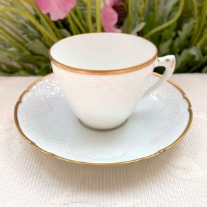 Bing & Grøndahl Kjøbenhavn Made in Denmark Cup and Saucer Set. Vintage Hartmann Demitasse White Textured Porcelain with Gold Trim