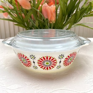 Nordic Red, Green and Black Botanical Motive. Rare Red Iris Mid Century Modern JAJ Made in England Lidded Deep Dish. Please Read Description