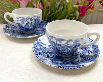 Price is for 1 Cup and 1 Saucer. Old English Village Enoch Wedgwood Tunstall. Off White and Blue Antique English Fajance Cup and Saucer Set