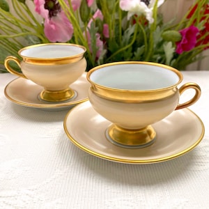 KPM Denmark Demitasse Footed Empress Pastel Beige Cup and Saucer Set. Antique Kjøbenhavns Porcellains Maleri. Price is for 1 Cup Set!