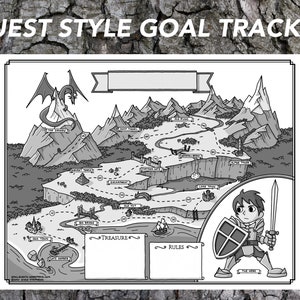 May include: Black and white printable goal tracker with a fantasy map theme. The map features a winding path, mountains, a lake, a dragon, and a castle. The tracker includes sections for "Treasure", "Rules", and "The Hero".