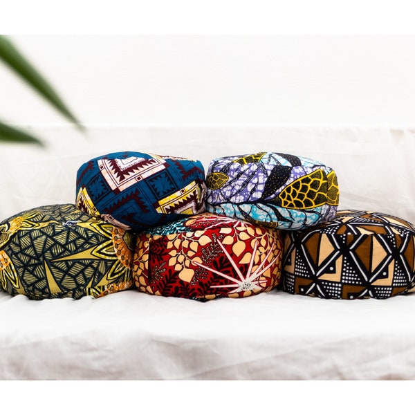 unique meditation cushions, yoga cushion and floor pillow seatings or round seat cushions, a wonderful self care gift, african wax fabric