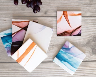 Mid Century Modern Ceramic Coasters Set – 6 Unique Coasters Abstract – Cool and Fun Housewarming Gift – Vintage Table Decor for New Home