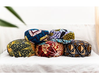 unique meditation cushions, yoga cushion and floor pillow seatings or round seat cushions, a wonderful self care gift, african wax fabric