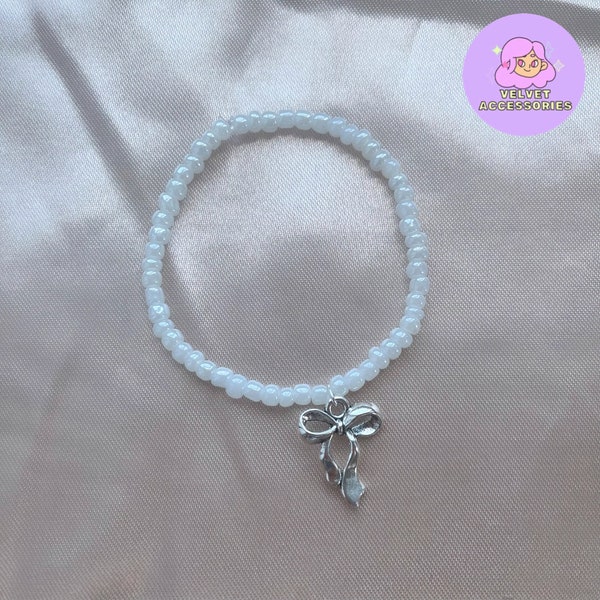 New handmade cute Gracie Abrams inspired white pearl beaded bow bracelet