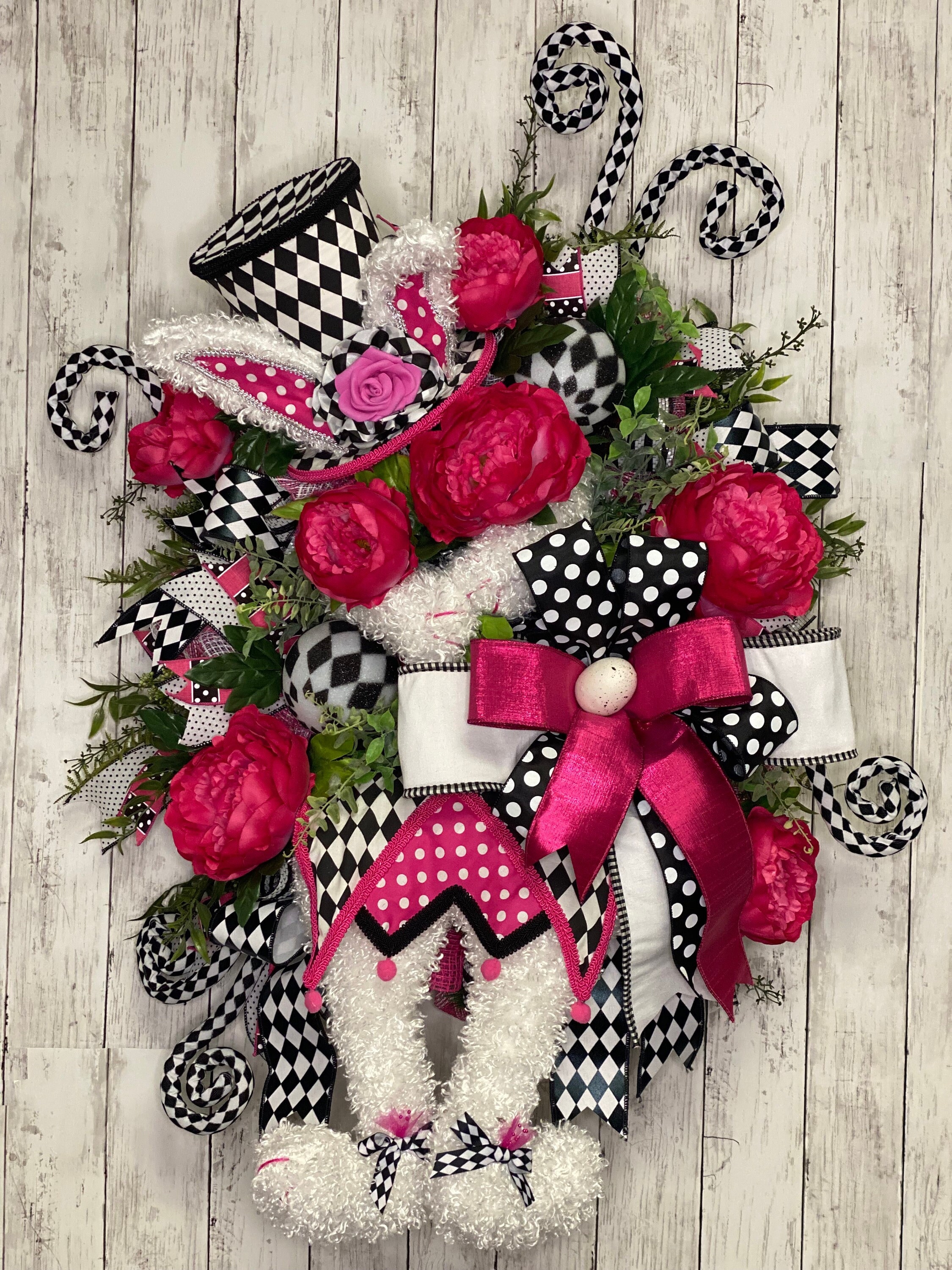 Bunny Wreath, Harlequin Bunny Attachment, Spring Wreath, Spring Decor, Easter Wreath