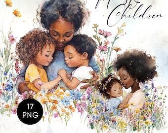 Mom and Child Clipart - Mother's Day Watercolor Clipart - Black Mom PNG - Cute Mom and Baby PNG - Instant Download - Commercial Use