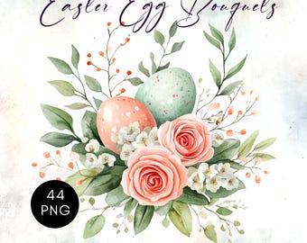 44 Osterei Bouquet Clipart - Frühling Blumen PNG - Osterkartendesign - Digitale Kunst für Junk Journals - Bastelbedarf für Osterprojekte