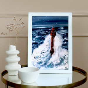 La Jument Lighthouse Acuarela Printable Wall Art Francia Lighthouse Crashing Wave Storm Descarga digital instantánea