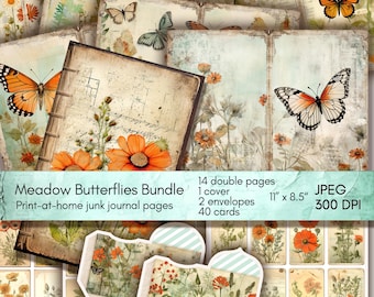 Vintage Butterfly Junk Journal Bundle, Printable Junk Journal Paper, Digital Collage Sheet, Wildflower Ephemera Download, Instant Download